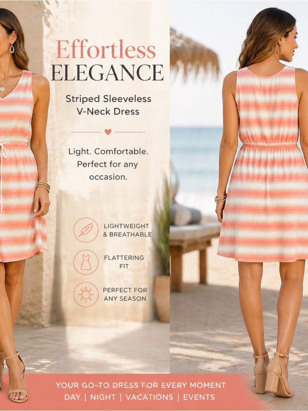 Gander Mountain Striped Sleeveless V-Neck Mini Dress in Coral and White